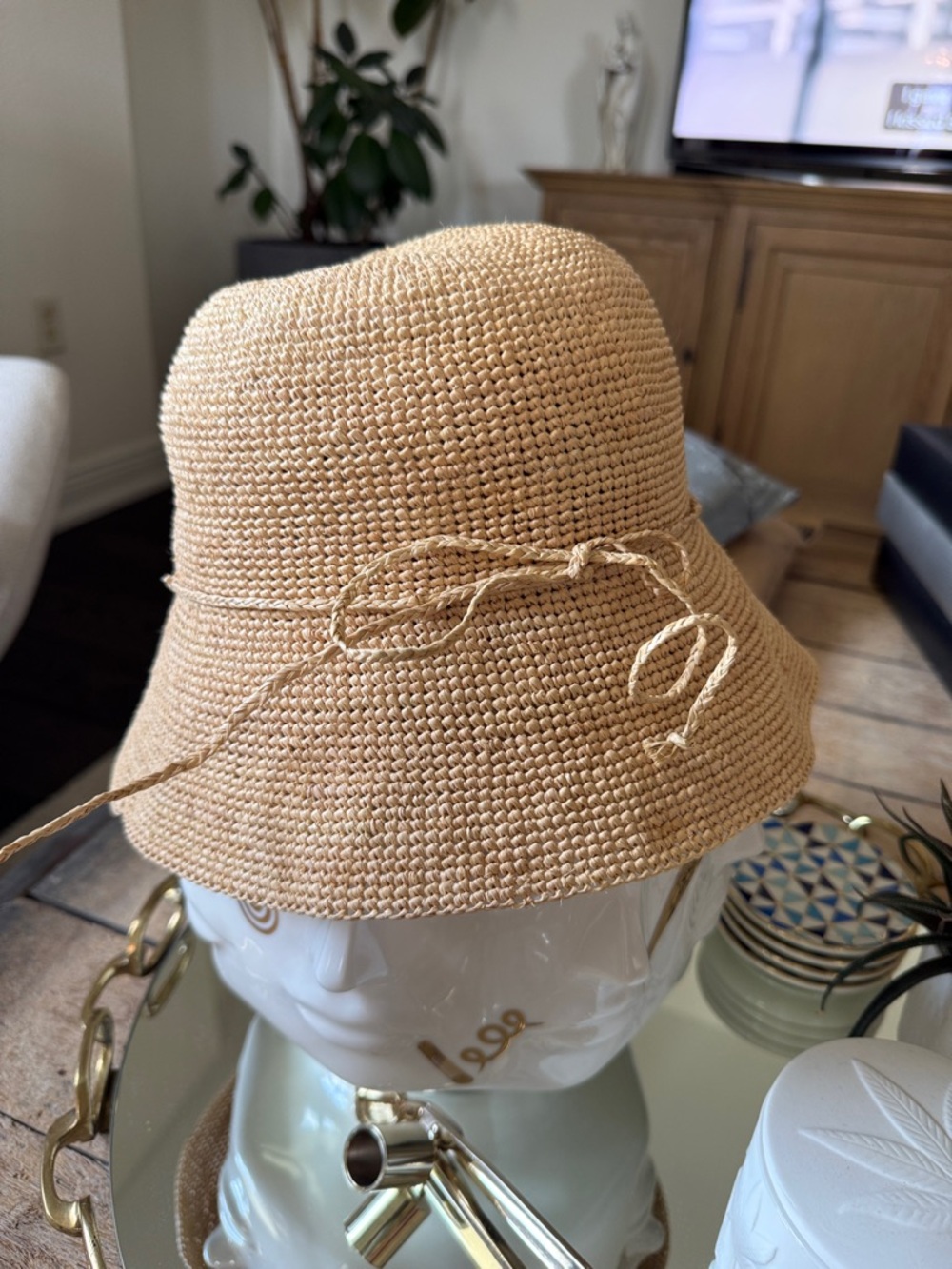 Woven Straw Bucket Hat with Tie Detail from Italy - Neutral Tan